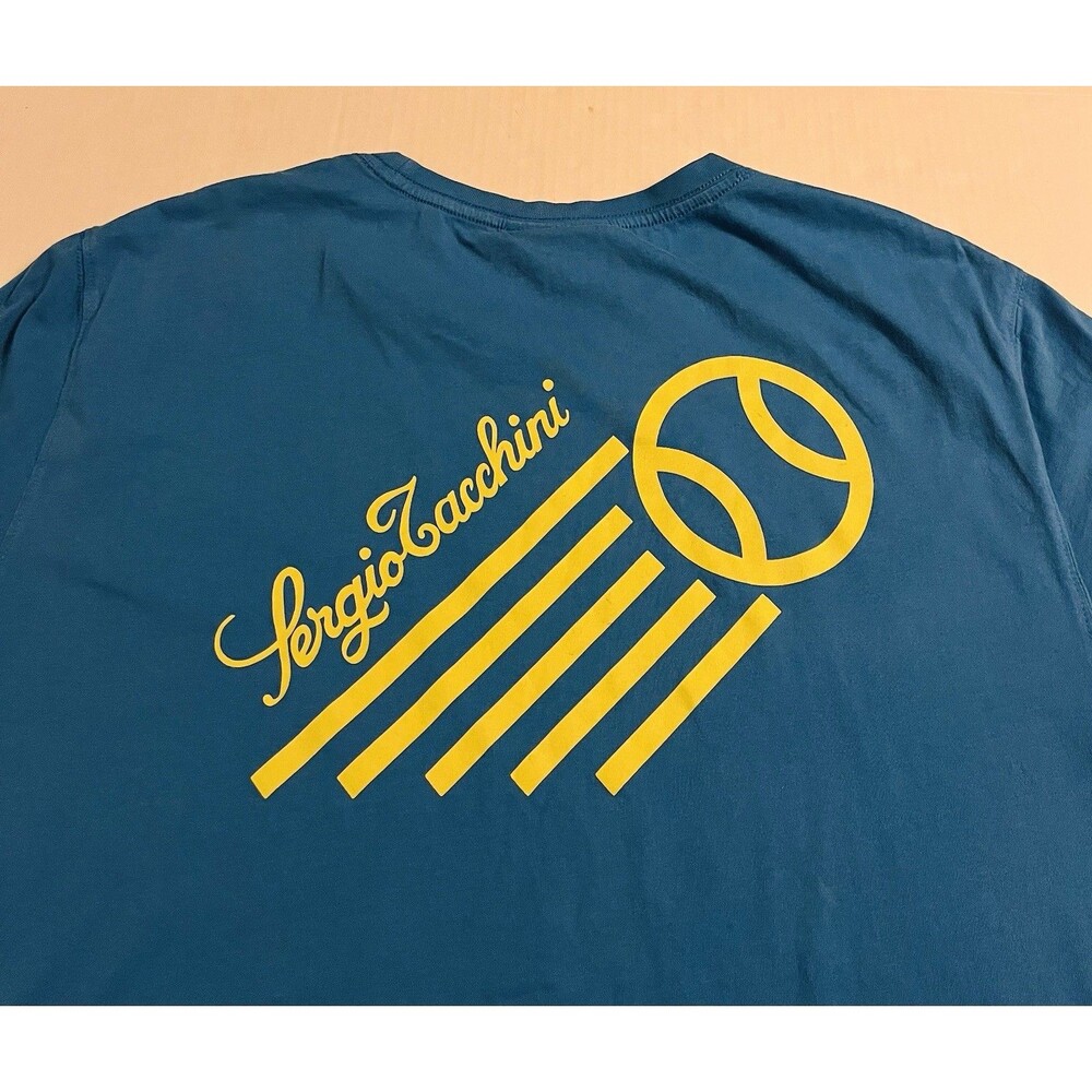 Sergio Tacchini Tennis Graphic Print Blue T-Shirt XL Italian Sportswear Raquet
